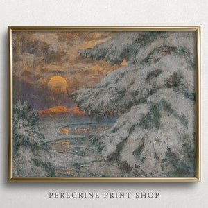 Moody Winter Sunset | Vintage Winter Landscape Painting | Vintage Winter Art Print | White Winter Landscape | Moody Winter Scene | #L147