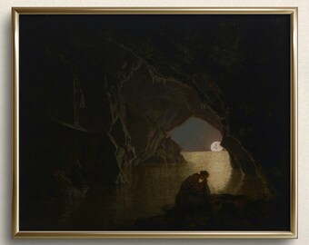 May include: A framed painting depicting a dark cave opening to a moonlit sea. Two figures are seated on the shore, silhouetted against the bright light.