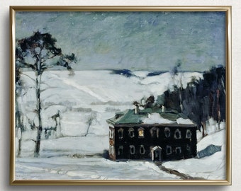 Winter Evening | Vintage Winter Landscape Painting | Christmas Cottage | Winter Cottage | Vintage Winter Art Print | #L182