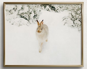 Winter-Schnee-Kaninchen | Winter Landschaft Wand Kunst | Winter-Kaninchen Gemälde | Schneehase | Vintage Winter Landschaft Gemälde | #L155