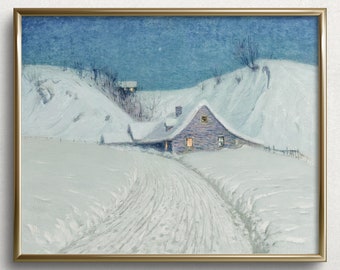 Winter Cabin | Vintage Winter Landscape Painting | Vintage Winter Art Print | Christmas Cottage Painting | #L154