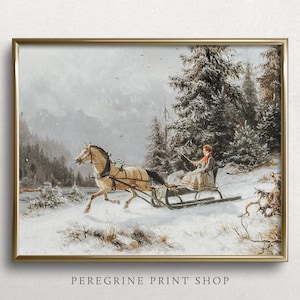 Christmas Sleigh Ride | Vintage Winter Landscape Painting | Vintage Winter Art Print | One Horse Open Sleigh | #L139