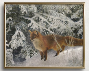 Winterfuchs | Winter Landschaft Wand Kunst | Winter Fuchs Gemälde | Schnee Fuchs | Vintage Winter Landschaft Gemälde | #L68