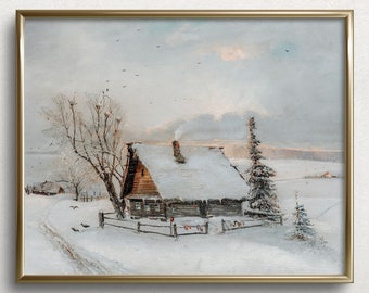 Winter Cabin | Vintage Winter Landscape Painting | Vintage Winter Art Print | Christmas Cottage Painting | #L118