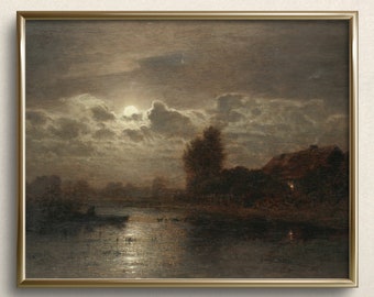 Paisaje iluminado por la luna / IMPRESIÓN DE BELLAS ARTES / Arte de la pared de la luna / Pintura al óleo de la luna vintage / Impresión de arte de la luna del campo / #A18