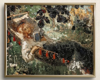 Una niña leyendo un libro en una hamaca / Impresión de arte amante de los libros / Pintura del rincón de lectura / Arte acogedor del rincón de lectura / #A2