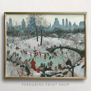 Kerstavond schaatsen | Vintage winterlandschap schilderij | Witte kerst decor kunstprint | Winterlandschap met schaatsers | #L121