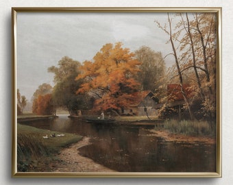 Cabina autunnale / Arte autunnale lunatica / Pittura cottage autunnale / Pittura autunnale vintage / #L46