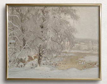 Waterside invernale / Pittura di paesaggio invernale vintage / Stampa d'arte invernale vintage / Paesaggio invernale bianco / Scena invernale lunatica / #L267