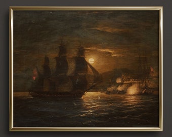 Ships in the Moonlight | FINE ART PRINT| Moody Seascape | Ship Painting | Moody Wall Art | Dark Academia Art Prints | Dark Art Print | #A32