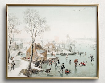 Patinage sur glace à la campagne | peinture de paysage d’hiver vintage | Impression d’art de décor de Noël blanc | Paysage d'hiver avec des patineurs sur glace | #L170