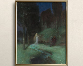 May include: A painting of a woman in a white gown standing in a forest clearing, reaching out to a man sitting on the ground. The scene is lit by moonlight and stars, and a small stream flows through the clearing.