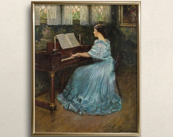 chinese dress ladies Blue Renaissance Wall Art Print Painting Girl Practicing Piano Canvas for  Study Room main image 0