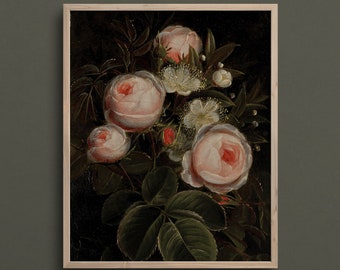 Rose Blooms Vintage Oil Painting | Vintage Rose Art Print | Rose Wall Art | Moody Art | Moody Wall Art | Dark Academia Art | #L216
