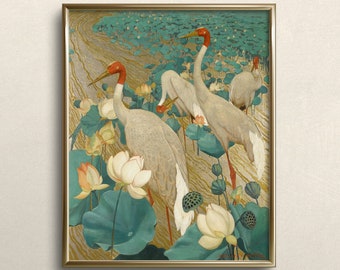 Demoiselles Kranich und Lorus | FINE ART PRINT | Eklektischer Vogel Kunstdruck | Vintage Kran Gemälde | Bunte Wandkunst | Midcentury Kunst #A80