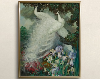 Witte Pauwen en Iris | FINE-ART PRINT | Unieke muurkunst | Eclectische vogelkunstprint | Vintage pauw schilderij | #A93