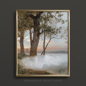 May include: A painting of a foggy forest scene with trees and a lake in the background. The sky is a soft orange and pink color, and the fog is a light gray. The trees are a dark green and brown color.