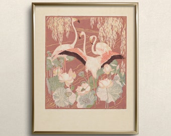 Flamingo Study | FINE ART PRINT | Eclectic Bird Art Print | Vintage Crane Painting | Pastel Wall Art | Midcentury Art #A91