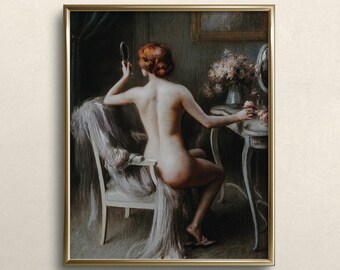 May include: A painting of a woman sitting in a chair, looking at a mirror. She is nude and has red hair. The painting is set in a room with a vanity table and flowers.