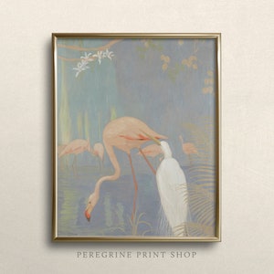 Egret and Flamingo | FINE ART PRINT | Eclectic Bird Art Print | Vintage Crane Painting | Pastel Wall Art | Midcentury Art #A86