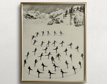 Patinage artistique | peinture de paysage d’hiver vintage | Impression d’art de décor de Noël blanc | Paysage d'hiver avec des patineurs sur glace | #240