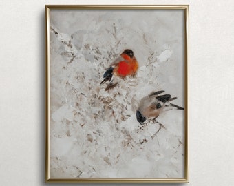 Winter Nest | Red Robbins | White Winter Wall Art | Winter Snow Scene | Winter Birds | Vintage Winter Painting | #L284