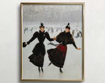 Ladies Ice Skating | Vintage Winter Landscape Painting | White Christmas Decor Art Print | Winter Landscape with Ice Skaters | #L173