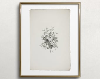 May include: A black and white vintage illustration of a bouquet of roses in a gold frame. The image is on a white background with the text "Peregrine Print Shop" below the frame.