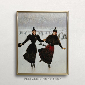 Dames Schaatsen | Vintage winterlandschap schilderij | Witte kerst decor kunstprint | Winterlandschap met schaatsers | #L173