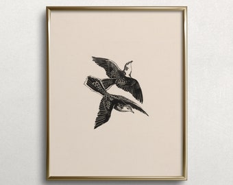Sparrow Flight | Bird Wall Art | Bird Block Print | Black Bird Painting | Vintage Black Bird Painting | #M6