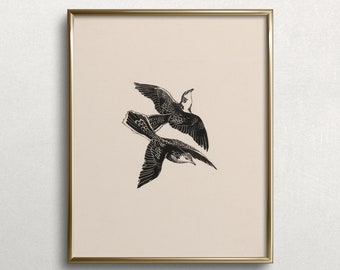 Sparrow Flight | Bird Wall Art | Bird Block Print | Black Bird Painting | Vintage Black Bird Painting | #M6