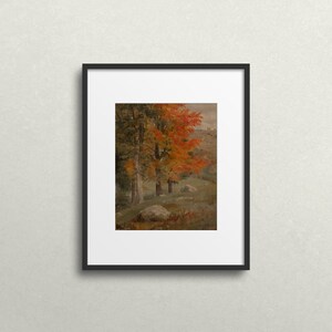 Puede incluir: Pintura enmarcada de un paisaje con tres &aacute;rboles en primer plano. Los &aacute;rboles est&aacute;n en colores oto&ntilde;ales, con el &aacute;rbol central teniendo hojas de color naranja brillante. El fondo es un azul brumoso con una colina en la distancia.