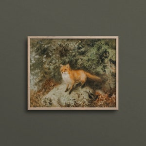 May include: A painting of a red fox standing on a rock in a forest setting. The fox is looking to the left of the image. The background is a lush green forest with trees and foliage.