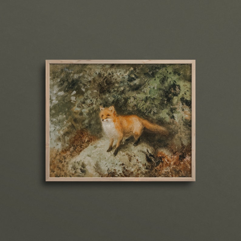 May include: A painting of a red fox standing on a rock in a forest setting. The fox is looking to the left of the image. The background is a lush green forest with trees and foliage.