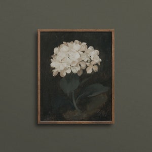 May include: A framed vintage-style painting of a white hydrangea flower. The artwork features a dark background, with the flower's petals and leaves rendered in soft, muted tones. The frame is a warm brown color.