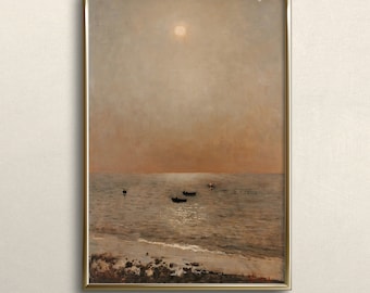 Pink Ocean Sky | FINE ART PRINT | Summer Sunset Painting | Moody Sunset Wall Art | Vintage Sunset Oil Painting | Countryside Sunset Art #A27