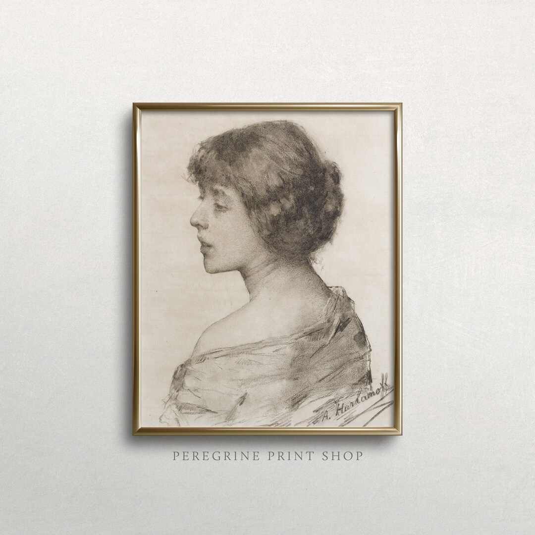 French Woman Sketch Vintage Portrait Wall Art Vintage Pencil Sketch Art Vintage Neutral Art