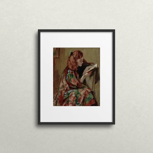 May include: A painting of a woman with red hair sitting in a chair and reading a book. She is wearing a colorful patterned dress.