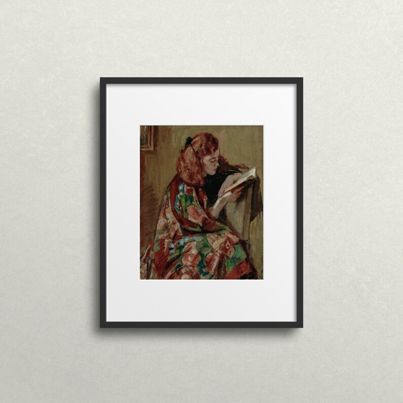 May include: A painting of a woman with red hair sitting in a chair and reading a book. She is wearing a colorful patterned dress.