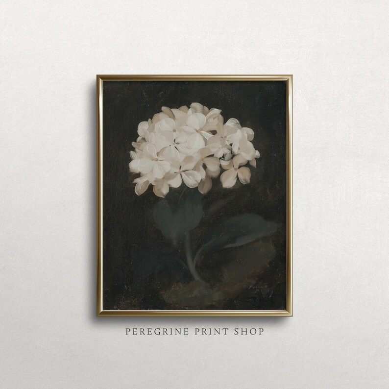 May include: A framed vintage-style floral print featuring a cluster of white hydrangea blooms against a dark background. The artwork has a gold frame and the text "PEREGRINE PRINT SHOP" at the bottom.