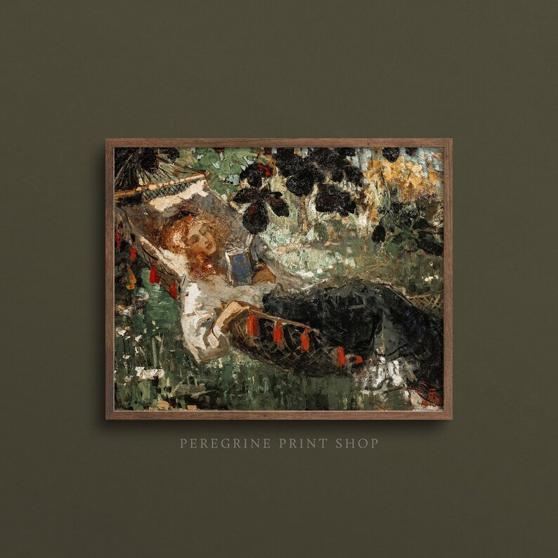 May include: A painting of a person lying in a hammock with a book in their hands. The hammock is surrounded by green foliage and the person is wearing a white shirt. The painting is done in a loose, impressionistic style.