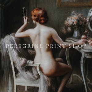 May include: A woman sits on a white chair, looking at herself in a hand mirror. She is nude and has red hair. The background is a dark room with a vanity table and flowers.