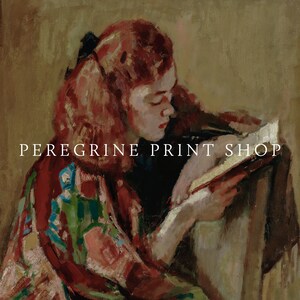 May include: A painting of a woman with red hair reading a book. She is wearing a colorful patterned robe. The painting is titled "Peregrine Print Shop".