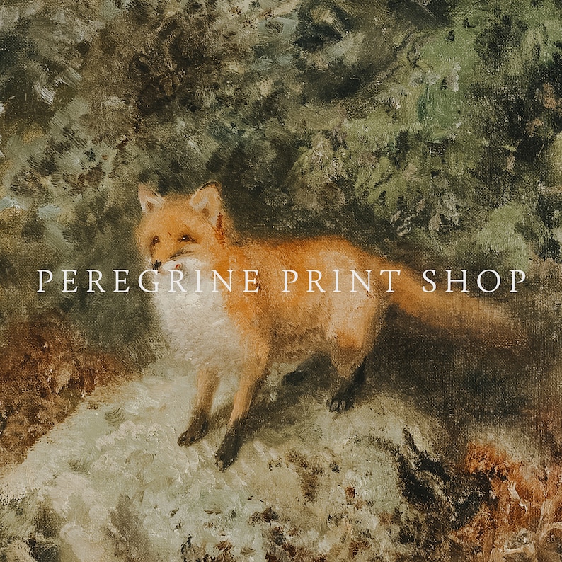 May include: A painting of a red fox standing on a rock in a forest. The fox is looking to the left of the image. The background is a dark green forest.