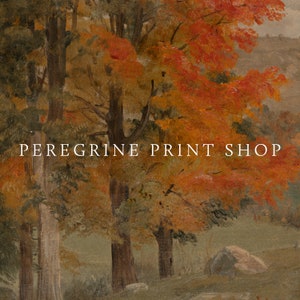 Puede incluir: Una pintura que representa una escena de bosque con &aacute;rboles en varios tonos de naranja, amarillo y verde. El texto "PEREGRINE PRINT SHOP" es visible en el centro de la imagen.