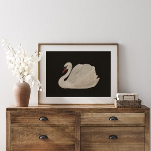 May include: A framed print of a white swan on a black background. The swan is in a swimming position with its head turned to the side.