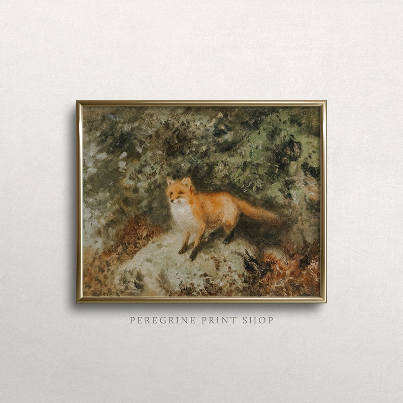 May include: A vintage painting of a red fox standing on a rock in a forest setting. The fox is looking to the left of the image. The painting is framed in a gold frame.