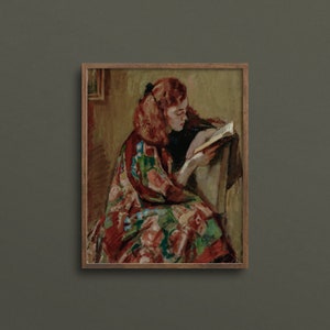 May include: A painting of a woman with red hair sitting in a chair and reading a book. She is wearing a colorful patterned robe. The painting is done in a loose, impressionistic style.