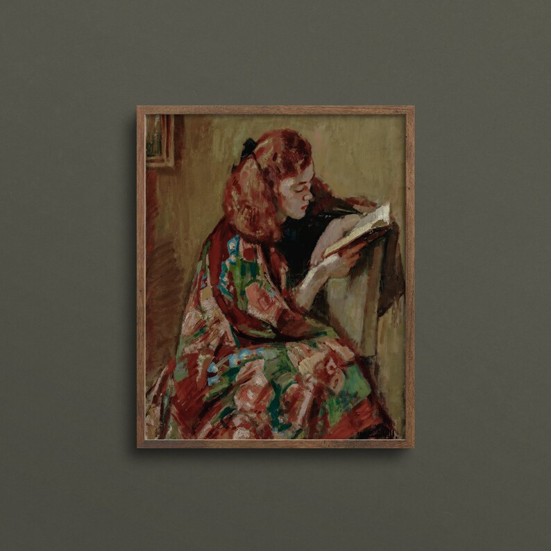 May include: A painting of a woman with red hair sitting in a chair and reading a book. She is wearing a colorful patterned robe. The painting is done in a loose, impressionistic style.