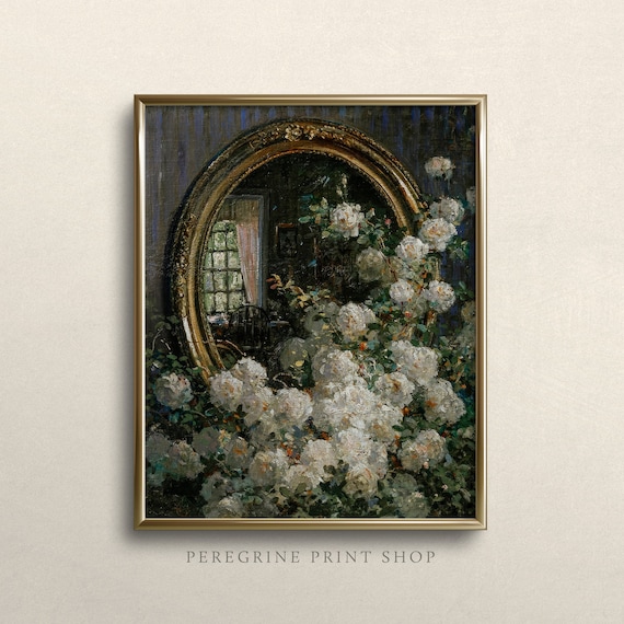 立体的な花の絵画　白いフレーム付き 白いバラと鏡 | ファインアートプリント | 静物画の花の油絵 | 白い庭